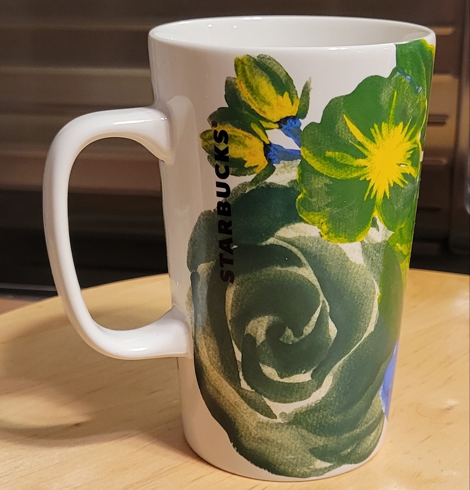 Starbucks Ceramic Coffee Mug Cup 2014 GREEN DOT Green Blue Roses Flowers